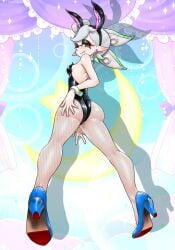 1girls ass ass_focus ass_grab big_ass black_leotard bunny_ears bunnysuit crescent_moon detached_sleeves earrings fangs fishnet_legwear fishnets from_behind from_below hand_on_ass heels high_heels inkling koharuno2 leotard light-skinned_female long_ears looking_at_viewer looking_back marie_(splatoon) nintendo piercing short_hair simple_background small_breasts solo splatoon strapless strapless_leotard tentacle_hair thick_thighs thighs white_hair