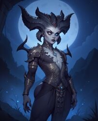 ai_generated armor blue_eyes demon diablo diablo_4 fanart fantasy femboy hentaikapten heterochromia horns lilith_(diablo) looking_at_viewer moon night sharp_nails solo standing tight_clothing white_eyes