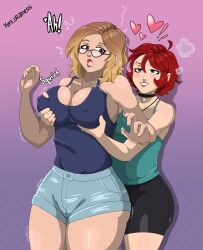 2girls big_breasts blonde_hair clothed family funny glasses groping_breasts groping_from_behind heart koni_urameshi loopsie loopsie's_mom loopsieart mother_and_daughter multiple_girls nose_ring onomatopoeia red_hair surprised thick_thighs twitter