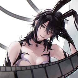 1girls angon623_(artist) behind_curtain big_breasts black_eyes black_hair bunny_ears choker curtains deren_(path_to_nowhere) earrings film_reel gloves heart hiding_breasts light_skin lipstick looking_at_viewer nude path_to_nowhere short_hair white_background