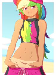 1girls bathing_suit beach equestria_girls female long_hair looking_at_viewer multicolored_hair my_little_pony no_panties rainbow_dash_(eg) rainbow_hair red_eyes rockset tan_body tanline teasing undressing undressing_self