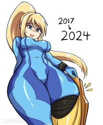 1girls blonde_hair blue_eyes canadiananiguy medium_breasts metroid metroid_prime_4:_beyond nintendo samus_aran thick_thighs thighs tight_clothing zero_suit_samus