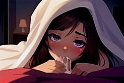 1boy 1girls ai_generated bed bedroom blowjob brown_hair cock cock_in_mouth cum cum_in_mouth fellatio female hidden_sex jfxjxf long_hair looking_at_viewer male penis penis_in_mouth pov purple_eyes under_blanket waking_up