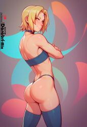 1boy abstract_background absurd_res ai_generated ass back_muscles black_hair black_hair_bottom blonde_hair blonde_hair_on_black_hair blonde_hair_top blush collar crop_top cute darabri-mix domination femboy feminine_male gay girly huge_ass light_hair_on_dark_hair logo muscular_ass naruto naruto_(series) otoko_no_ko patreon patreon_logo pov_eye_contact rule_63 short_hair side_view smile smug stockings trap tsunade yaoi