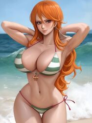 1girls ai ai_generated beach bikini breasts brown_eyes clouds earrings female female_only green_bikini green_swimsuit krystalizedart large_breasts long_hair looking_at_viewer midriff nami navel ocean one_piece orange_hair outside post-timeskip side-tie_bikini side-tie_swimsuit sky striped_bikini striped_swimsuit swimsuit water white_bikini white_swimsuit