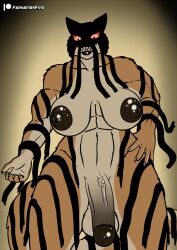 anthro big_breasts breasts dark_nipples dark_penis dream_tiger_(govy9807) equid equine felid genitals herm hi_res intersex low-angle_view mammal muscular nipples pantherine penis solo stripes tiger