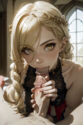 1boy ai_generated big_penis blonde_hair blowjob blowjob_face close-up eldersound female fromsoftware jewelry looking_at_viewer penis penis_grab queen_marika_the_eternal sucking sucking_penis veiny_penis vexellariat yellow_eyes