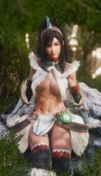 abs animal_ears armor black_hair breasts cleavage clothing elbow_gloves female female_only final_fantasy final_fantasy_vii final_fantasy_vii_remake forest gloves grass hairband horn kirin_(armor) kirin_(monster_hunter) large_breasts loincloth long_hair looking_at_viewer midriff monster_hunter nature navel outdoors ponytail red_eyes ria-neearts single_horn sitting smile solo thighhighs thighs tifa_lockhart toned tree weapon