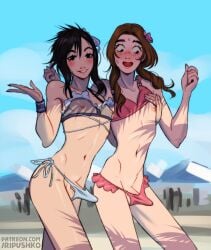 2boys aerith_gainsborough aerith_gainsborough_(pink_mermaid) beach bikini black_hair blue_bikini blush bow_in_hair brown_hair bulge bulge_through_clothing embarrassed femboy final_fantasy final_fantasy_vii frilled_bikini ftm_crossgender genderswap_(ftm) lifting_bikini_top long_hair male male_only nipples penis_in_bikini pink_bikini ripushko rule_63 side-tie_bikini square_enix tifa_lockhart tifa_lockhart_(shining_spirit) twin_braids twintails uncensored yaoi