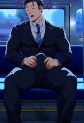 ai_generated aonoshishi bara big_bulge bulge clothing erection_under_clothes male male_only manly mature_male muscular_male public public_transportation tight_clothing