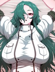 1girls :o breasts chiyu_mahou_no_machigatta_tsukaikata clothes female female_focus female_only green_hair hair_over_one_eye highres huge_breasts long_hair looking_at_viewer lying open_mouth pt red_eyes rose_(twwtuhm) solo solo_female solo_focus