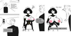 1boy 1girls ? awooga belt big_breasts breast_awe breasts bulging_eyes comic dialogue female fuenteder gaping_mouth maid_headdress maid_uniform male nipples short_hair text