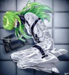 bondage bondage c.c. chain_leash chained_to_wall code_geass collar collared drawfagmona fetal_position gag gagged green_hair heel_boots leather_straps muzzled padded_room posture_collar rubber rubber_clothing straitjacket