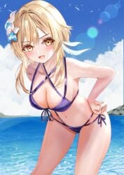 1girls 2d 2d_(artwork) alternate_costume belly_button bikini bikini_bottom bikini_top blonde_hair bra cleavage clouds day female female_focus female_only front_view genshin_impact high_resolution highres light-skinned_female light_skin lumine_(genshin_impact) medium_breasts mitsu336 multi-strapped_bikini navel ocean open_mouth outdoors purple_bikini purple_bikini_bottom purple_bikini_top purple_swimsuit revealing_swimsuit short_hair sky slim_girl solo solo_female solo_focus standing summer swimsuit thong thong_bikini two_piece_swimsuit water yellow_eyes young younger_female