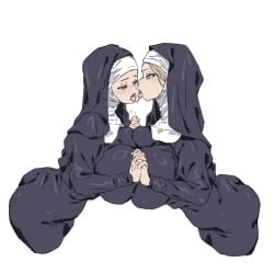 2girls breast_squish breasts_bigger_than_head female_only kissing lesbian_kiss m_k mommy_kink nun soft_breasts yuri