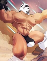 abs bara biceps big_bulge bulge clone_trooper flaccid helmet huge_bulge kingdom_velvet male male_nipples male_only muscular_male nipples pecs solo solo_male star_wars thong underwear