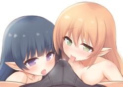 1boy 2girls black_hair blush breasts brown_hair bulge cooperative_fellatio covered_penis erection erection_under_clothes fellatio green_eyes highres irina_bondarchuk iris_mysteria! long_hair multiple_girls naja_(iris_mysteria!) nipples nude oral pointy_ears precum precum_through_clothes purple_eyes raised_inner_eyebrows small_breasts teamwork_(sexual) yuu_(yumezakura)