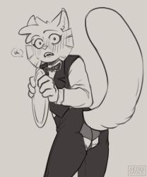 1boy anthro arties_sauce_(artist) ass ass blush bowtie boxers calvin_mcmurray clothed embarrassed feline feline freckle_mcmurray furry lackadaisy looking_at_viewer male male_focus male_only nervous plate suit tail text text_bubble torn_clothes torn_pants underwear