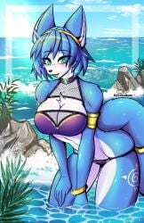 alluring anthro beach big_breasts bikini bloodlustfox_(artist) blue_fur blue_sky cleavage drfoxxbutt female female_fox green_eyes krystal nintendo ocean pin_up sea star_fox star_fox_assault