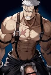 abs ai_generated aonoshishi balls bara biceps big_penis bulge clothing fullmetal_alchemist male male_nipples male_only muscular_male nipples pecs penis scar_(fma) sweat sweating