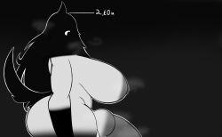 absurd_res anthro ass balls belly big_breasts big_butt big_penis breasts canid canine canis curvy_figure emberdibuja genitals ghost grey_body grey_nipples grey_penis herm hi_res humanoid intersex knot mammal nipples one_eye_visible penis simple_background solo spirit steam tail wolf