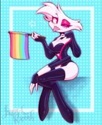 angel_dust angel_dust_(hazbin_hotel) big_butt demon_boy femboy fluffy_chest four_arms gay_flag gay_pride hazbin_hotel latex_gloves latex_suit latex_thighhighs lgbt_pride luna_kunnah_(artist) male thick_thighs vivziepop