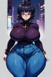 1girls ai_generated alternate_breast_size antenna_hair big_breasts black_hair breasts city covered_nipples curvy female female_only gigantic_breasts glasses huge_breasts human hunter_x_hunter jeans looking_at_viewer necklace pale-skinned_female pale_skin parted_lips phantom_troupe purple_eyes shizuku_murasaki short_hair shounen_jump solo solo_female stable_diffusion tampopo thick_thighs upside_down_cross villainess voluptuous wide_hips