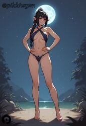 ai_generated ass_visible_through_thighs baldur's_gate baldur's_gate_3 bangs bare_legs bare_shoulders barefoot beach bikini black_hair braid braided_ponytail breasts breasts_apart criss-cross_halter elf female full_body full_moon green_eyes halterneck hands_on_hips long_hair looking_at_viewer medium_breasts moon moonlight navel night night_sky outdoors parted_lips pikkiwynn pointy_ears ponytail shadowheart single_braid sky smile solo standing swimsuit water