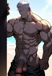 abs ai_generated aonoshishi balls bara biceps big_balls big_penis fullmetal_alchemist male male_nipples male_only male_pubic_hair muscular_male nipples pecs penis scar_(fma) sweat sweating wet