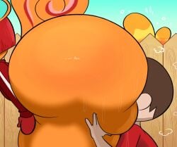 1boy 2girls anal animal_crossing anthro ass bent_over big_butt blonde_hair blue_inner_ear bodily_fluids bottomless brown_hair canid canine canis clothed clothing curled_tail domestic_dog duo female fence fur gloves hair hand_on_butt hands_on_knees hands_on_legs handwear hazel_(animal_crossing) hi_res huge_butt huge_thighs human isabelle_(animal_crossing) light_body light_skin long_tail male male/female mammal musk nintendo oral orange_body orange_ears orange_fur orange_tail ota_(artist) red_clothing red_gloves red_hair red_handwear red_shirt red_topwear rimming rodent sciurid sex shirt short_hair side_view sweat sweatdrop sweaty_butt tail thick_thighs topwear tree_squirrel villager_(animal_crossing)