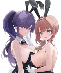 2girls areola areola_slip areolae areolae_slip asahina_mafuyu big_breasts blue_eyes blush breasts breasts_out bunny_ears bunny_girl bunny_tail bunnysuit carrot cleavage clothed clothing female_focus female_only gloves high_resolution highres light_brown_hair looking_at_viewer mochizuki_honami multiple_girls naked object_between_breasts partially_clothed partially_clothed_female partially_nude partially_undressed ponytail pov project_sekai purple_hair sideboob tits_out upper_body white_background yuri