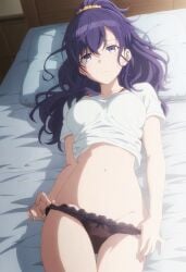 1girls ai_generated asahina_mafuyu bed bedroom belly belly_button big_breasts blush blush breasts breasts breasts clothed clothing female female_focus female_only high_resolution highres laying_down laying_on_back laying_on_bed looking_at_viewer naked navel on_back on_bed panties panties_down panties_only partially_clothed partially_clothed_female partially_nude partially_undressed pillow ponytail pov project_sekai purple_eyes purple_hair removing_panties shirt shirt_only solo solo_female solo_focus thighs topwear topwear_only tummy underwear underwear_only undressed undressing waist