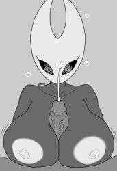 anthro bare_shoulders black_skin brainwashing bug_girl collarbone cum femsub furry ghostec grey_background greyscale hollow_knight hornet_(hollow_knight) huge_breasts huge_cock hypnosis mind_control monochrome nude paizuri pov sex simple_background spiral_eyes symbol_in_eyes topless upper_body