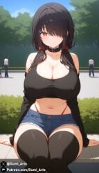 ai_generated alternate_breast_size bare_shoulders black_hair cleavage collar covered_nipples date_a_live denim_shorts g_string gumi_arts hair_over_one_eye huge_breasts looking_at_viewer red_eyes sitting smile stable_diffusion tank_top thick_thighs thighhighs tokisaki_kurumi