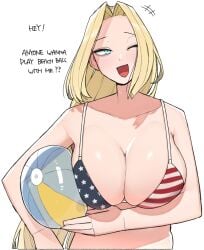 1girls america_(ohasi) american_flag_bikini american_flag_print ball beach_ball bikini blonde_hair blue_eyes blush breasts cleavage collarbone english_text female female_only flag_print large_breasts long_hair looking_at_viewer ohasi open_mouth original print_bikini smile solo swimsuit