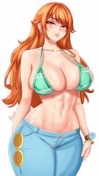 1girls anisdrawn big_boobs big_breasts big_tits bikini blush blushing breasts female female_only huge_ass huge_breasts huge_butt jeans looking_at_viewer nami one_piece orange_hair post-timeskip six_pack solo striped_bikini wide_hips