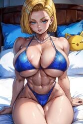 1girls abs ai_generated android_18 areola areola_slip areolae areolae_slip bed bedroom big_breasts bikini bikini_top blue_eyes bob_cut breasts bursting_breasts busty_buff cameltoe cleavage dragon_ball dragon_ball_super dragon_ball_z earrings female female_only grin huge_breasts indoors inside jewelry looking_at_viewer midriff muscles muscular muscular_female navel necklace parted_lips pearl_necklace pillow short_hair sideboob sitting smile smirk solo solo_female stable_diffusion tampopo thick_thighs thighs toned toned_female underboob undersized_clothes