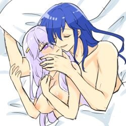 1boy 1girls bed_sheet blue_hair blush breasts brother_and_sister circlet closed_eyes female fire_emblem fire_emblem:_genealogy_of_the_holy_war implied_after_sex incest julia_(fire_emblem) long_hair male medium_breasts naked_sheet nintendo nipples nude open_mouth pillow purple_eyes purple_hair seliph_(fire_emblem) siblings under_covers yukia_(firstaid0)