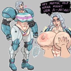 1girls cyborg_girl cyborhag female gilf grey_hair hag huge_breasts lewdbeef mechanical_arm muscular muscular_female older_female quadruple_amputee sexy