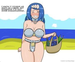 1girls basket beach blue_hair bottle breasts chastity chastity_belt chastity_bra closed_eyes clouds collar dungeonkappa english_text hair_ornament holding_basket lana's_mother_(pokemon) large_breasts lock magazine midriff milf navel nintendo ocean outside padlock pokemon pokemon_sm sandals short_hair sky text text_bubble water