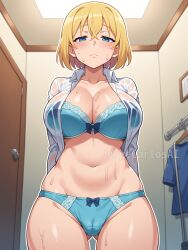 1girls ai_generated ass_visible_through_thighs barely_clothed big_breasts big_breasts big_breasts blonde_female blonde_hair blonde_hair blonde_hair_female blue_bow blue_eyes blue_underwear blush blush blush_lines blushing_at_viewer bow bows bra breasts breasts breasts cameltoe cleavage female female female_focus female_only girl jorgecarlosai looking_down navel outline panties room see-through see-through_clothing short_hair shy small_room thighs tummy underwear watermark wet wet_body white_shirt