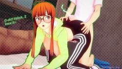 1boy 1girls 3d assjob atlus big_ass big_breasts buttjob cum cum_on_body cumshot doggy_style faceless_male glasses humping koikatsu orange_hair persona persona_5 ponytail sakura_futaba that_naoto_guy track_pants