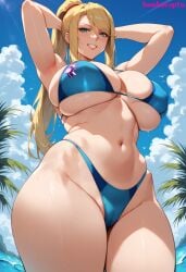 1girls ai_generated big_breasts bikini blonde_hair blue_bikini blue_eyes bombacopta breasts busty cleavage cleavage_overflow curvaceous curvy female grin large_breasts mature_female metroid ponytail samus_aran simple_background sweat thick thick_thighs underboob viewed_from_below zero_suit_samus