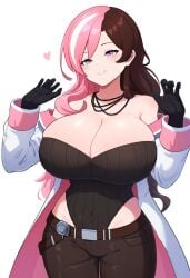 ai_generated big_breasts breast_expansion bulging_breasts bursting_breasts cleavage cleavage_overflow female female_only huge_breasts jonnyjonn midriff neo_(rwby) novelai pov_eye_contact rwby showing_off smug tight_clothing