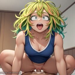 1boy 1boy1girl 1girls ai_generated breasts commission covered_breasts cowgirl_position cum cum_in_pussy cum_inside female female_focus fit_female from_below front_view hagakure_tooru_(visible) happy looking_at_viewer male multicolored_hair my_hero_academia pov psyopsai smile smiling tooru_hagakure tooru_hagakure_(visible) vaginal_penetration