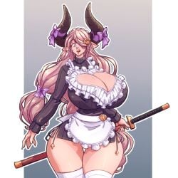 breasts cleavage granblue_fantasy horns hourglass_figure huge_breasts large lustful_gaze maid_outfit mini_giantess n647 narmaya_(granblue_fantasy) purple_hair tall tall_female taller_girl thick_thighs thighhighs wide_hips