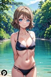 ai_generated arms_behind_back ass_visible_through_thighs bangs bare_arms bare_shoulders bikini black_bikini blue_eyes blue_sky blush breasts brown_hair cleavage closed_mouth cloud collarbone cowboy_shot day female groin halterneck lake light_brown_hair lips looking_at_viewer love_live! love_live!_sunshine!! medium_breasts multi-strapped_bikini nature navel ocean outdoors pikkiwynn reflection short_hair skindentation sky smile solo standing stomach string_bikini swept_bangs swimsuit thigh_gap thighs tree watanabe_you water