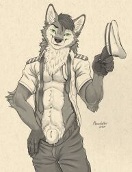 absurd_res animal_genitalia canid canine clothing genitals green_eyes hi_res inner_ear_fluff male mammal monochrome necktie pilot pilot_hat pilot_uniform richard_foley sepia sheath tuft undressing