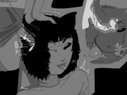 ahe_gao black_and_white blackmagicshroom cat_ears cum cum_drip cum_inside ear_fuck ear_penetration female frisk head_grab male mindfuck moaning motion_lines muffet pleasure_face short_hair skinny spider spider_girl thighhighs turtleneck undertale weird_kink what x-ray