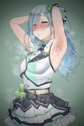 absurdres akkgsyk armpit_focus armpits arms_behind_head blue_eyes blue_hair blush breasts clover cowboy_shot cum cum_on_armpits cum_on_body female frilled_skirt frills gradient_background green_background hair_between_eyes hair_ornament hair_over_one_eye half-closed_eyes heavy_breathing highres hinomori_shizuku idol idol_clothes light_blue_hair long_hair looking_at_viewer miniskirt mole mole_under_mouth multicolored_clothes multicolored_skirt parted_lips pleated_skirt project_sekai shiny_skin sidelocks skirt sleeveless small_breasts solo standing steaming_body
